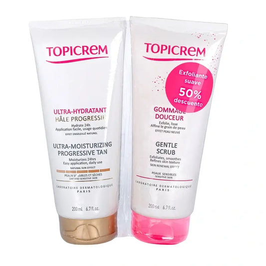 Topicrem Pack Ultra-kosteuttava, asteittain tummentava voide 200 ml + kuorintavoide 200 ml
