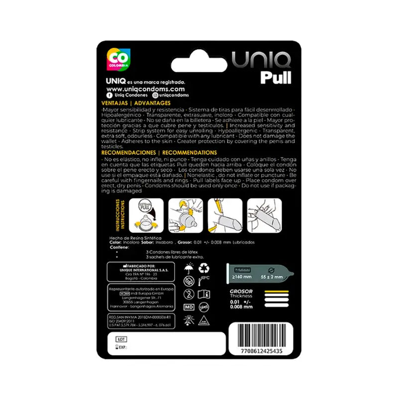 Uniq Pull -kondomit, nauhoilla, lateksittomat, 3 kpl