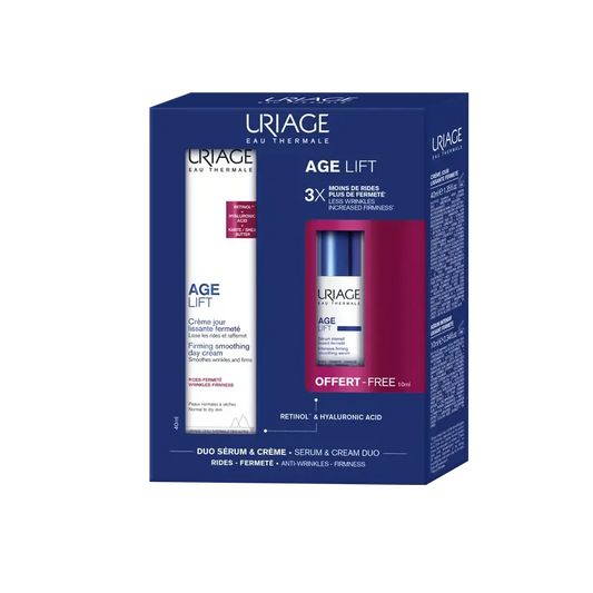 Uriage Age Lift kiinteyttävä ikääntymistä ehkäisevä päivävoide, 40 ml + lahjana intensiivinen ryppyjä ehkäisevä seerumi, 10 ml 