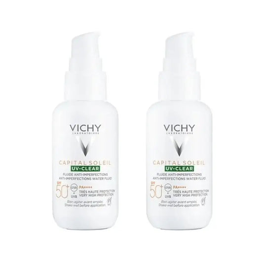 Vichy Capital Soleil UV Clear SPF50+ ihon epätasaisuuksia ehkäisevä voide, 2 x 40 ml 