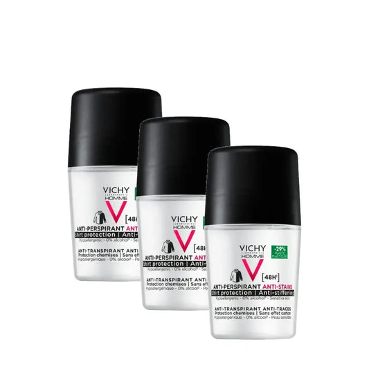 Vichy Homme 48H-deodorantti, hikoilua estävä ja tahroja ehkäisevä roll-on, 50 ml, 3 kpl:n pakkaus