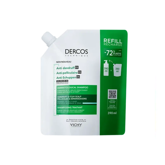 Vichy Dercos Technique Ecorefill -shampoo rasvaiselle hiuksille ja hilseen hoitoon, 390 ml