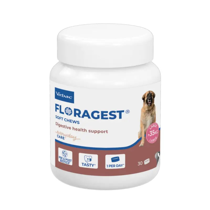 Virbac Floragest® Soft Chews – Ruoansulatusta edistävä ravintolisä suurille koirille, 1 purkki (30 purutablettia)
