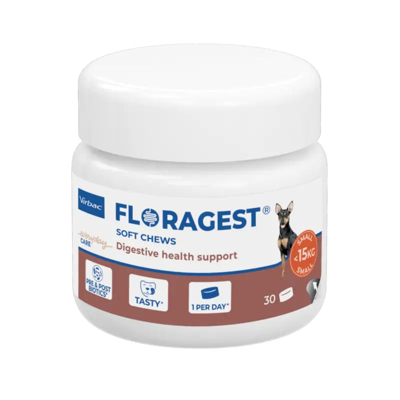 Virbac Floragest® Soft Chews – Ruoansulatusta edistävä ravintolisä pienille koirille, 1 purkki (30 purutablettia)