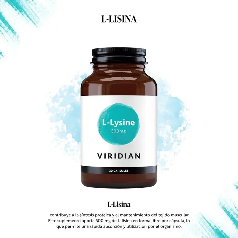Viridian L-lysiini 500 mg, 30 kapselia. 