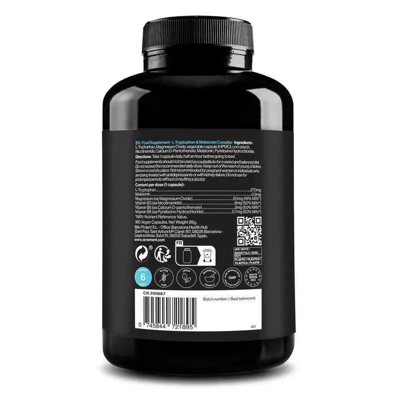 Zenement L-tryptofaani- ja melatoniinikompleksi, 180 vegaanista kapselia